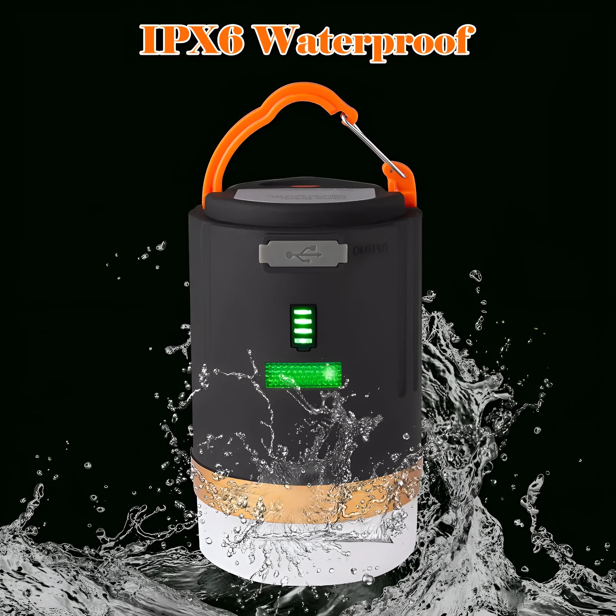 Black rechargeable LED camping light with hanging hook and remote control on a table