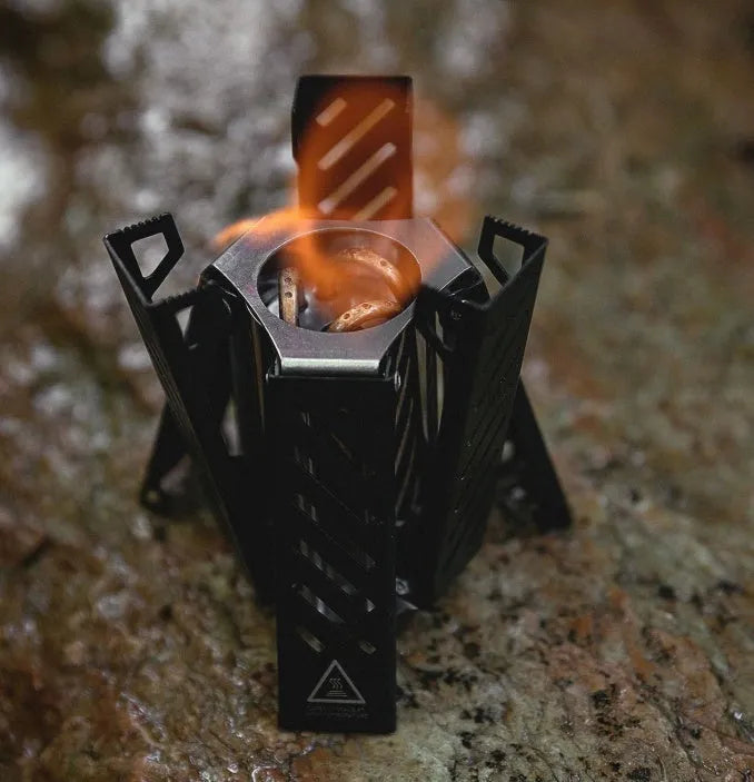 Hexagon foldable alcohol camping stove in black or silver colour with alloy construction