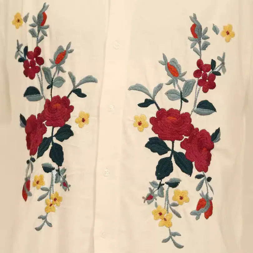 Men's apricot-coloured summer shirt with vintage floral pattern, short sleeves, and lapel collar