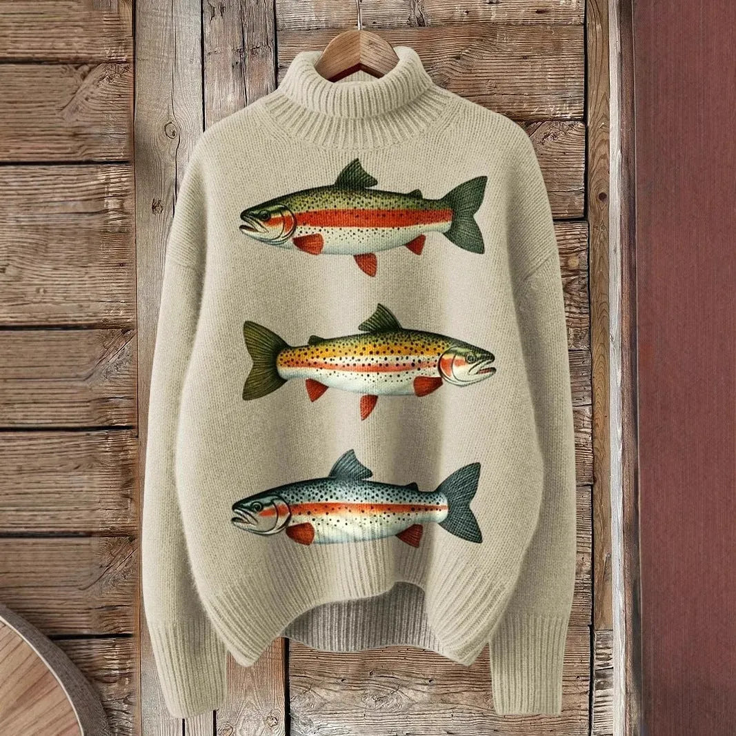 Women's loose fit printed turtleneck sweater in a macaron colour with a painting pattern design.
