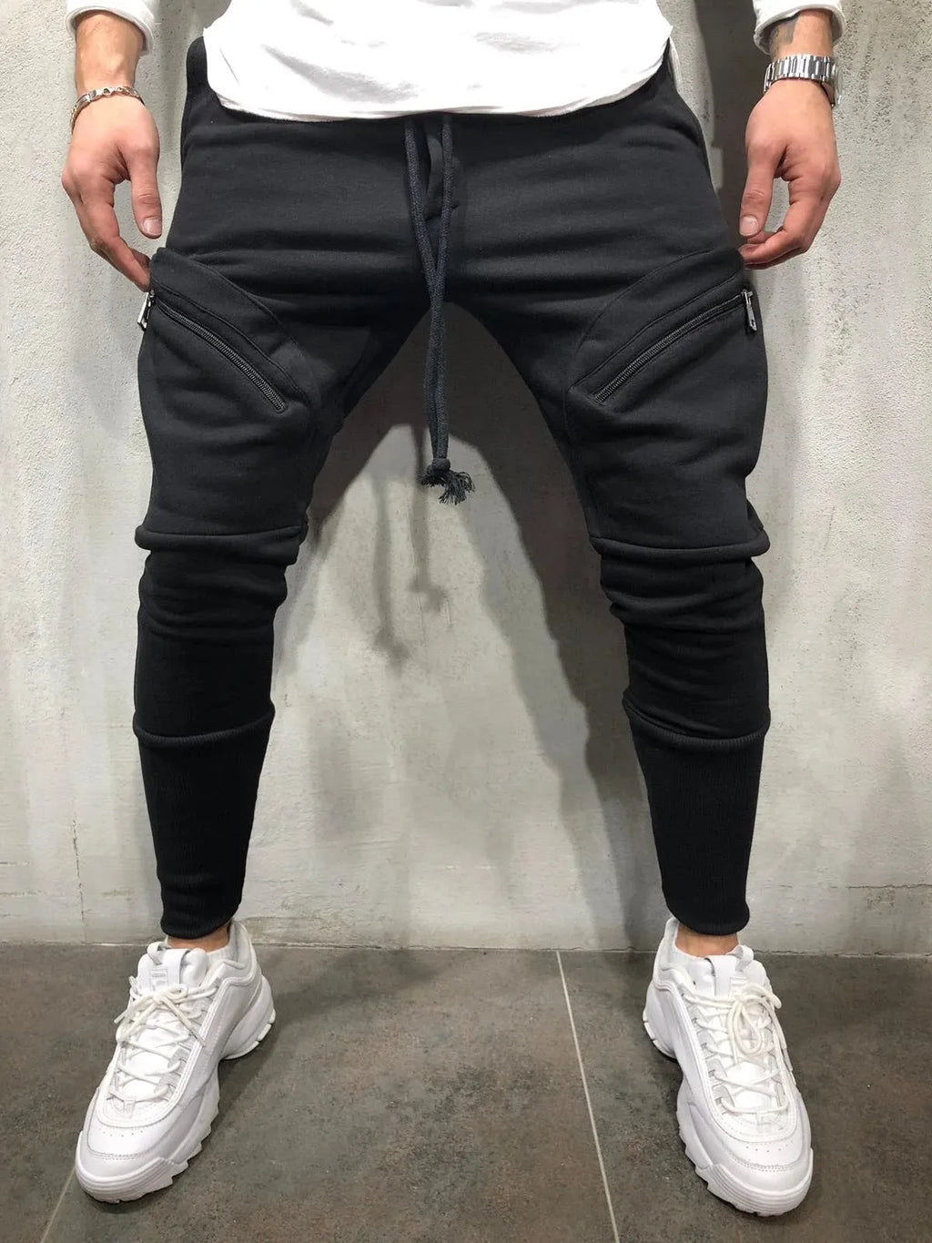 Men's cotton blended micro-elastic zipper casual trousers in black, tapered leg style