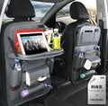Black PU leather car seat back organiser with multiple pockets and a built-in trash can compartment