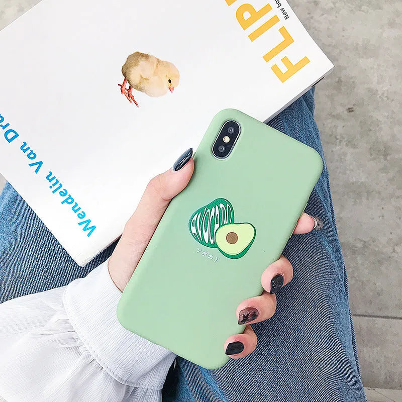 Colourful avocado cartoon design on a flexible TPU phone case for iPhones and Android models.