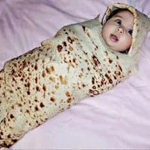 Round and rectangular flannel burrito blankets in various sizes with food-themed print.