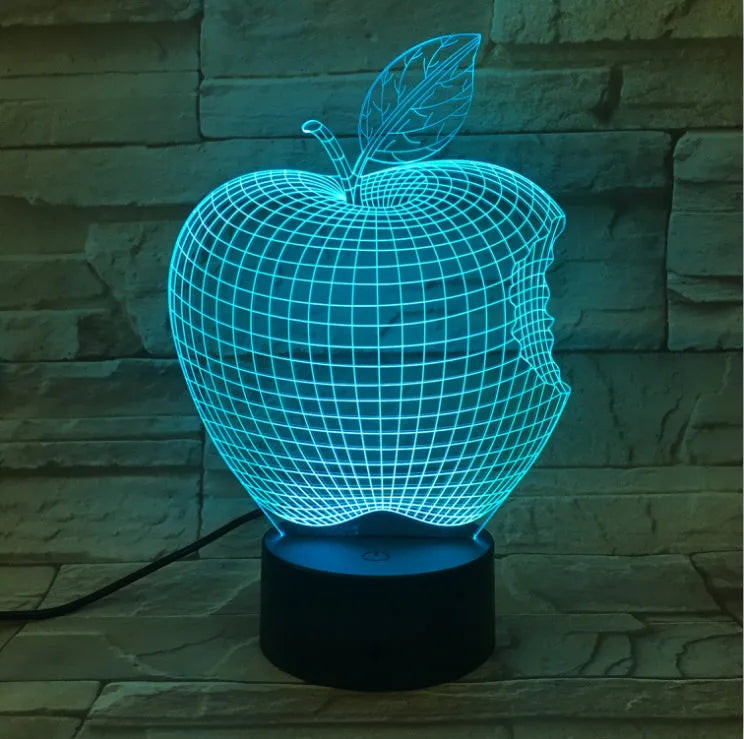 3D fruit-shaped colourful LED night light with acrylic shade and touch control.