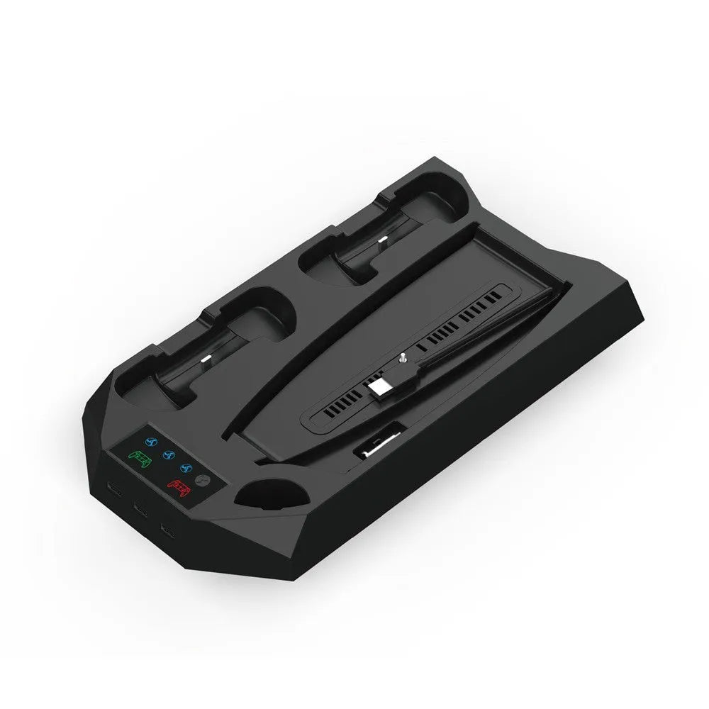 PS5 charging cooling station with dual controller docks and headphone hook in black or white