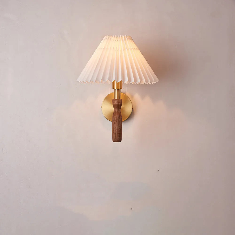 American retro walnut wood wall lamp with fabric shade and copper detailing