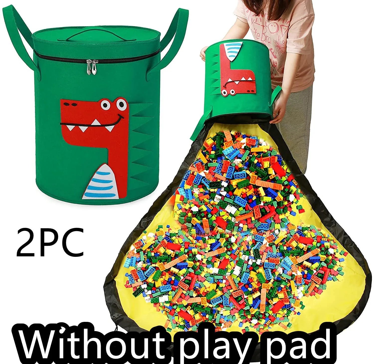 Green felt cube storage bag with pull rope shown as both a toy play mat and closed storage container