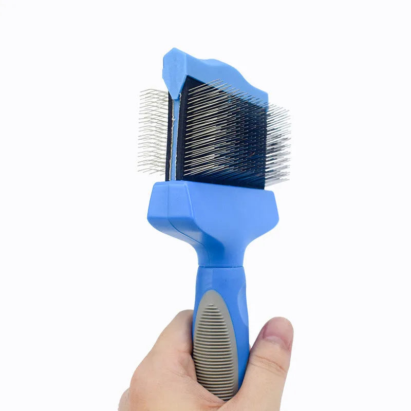 Double-sided soft pet comb with self-cleaning bristles, large size, blue, for cats and dogs