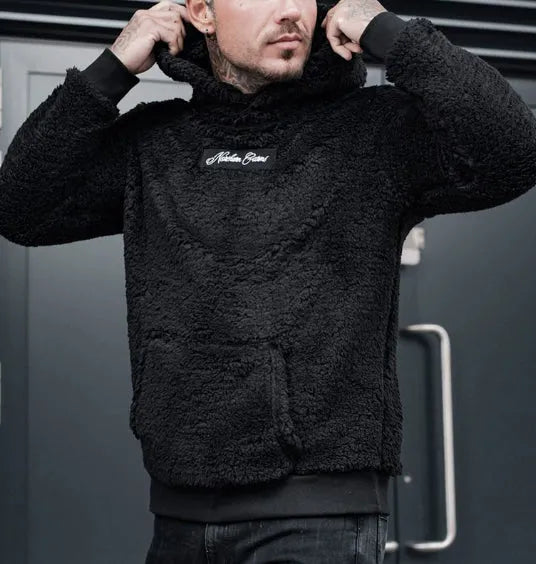 Men's plush cotton hoodie sweatshirt with big front pocket in olive green, contrast colour sleeves