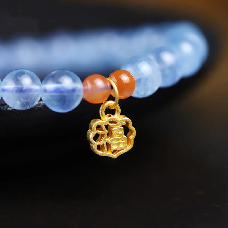 Women's natural ice transparent aquamarine crystal blessing card bracelet with 8mm round beads.