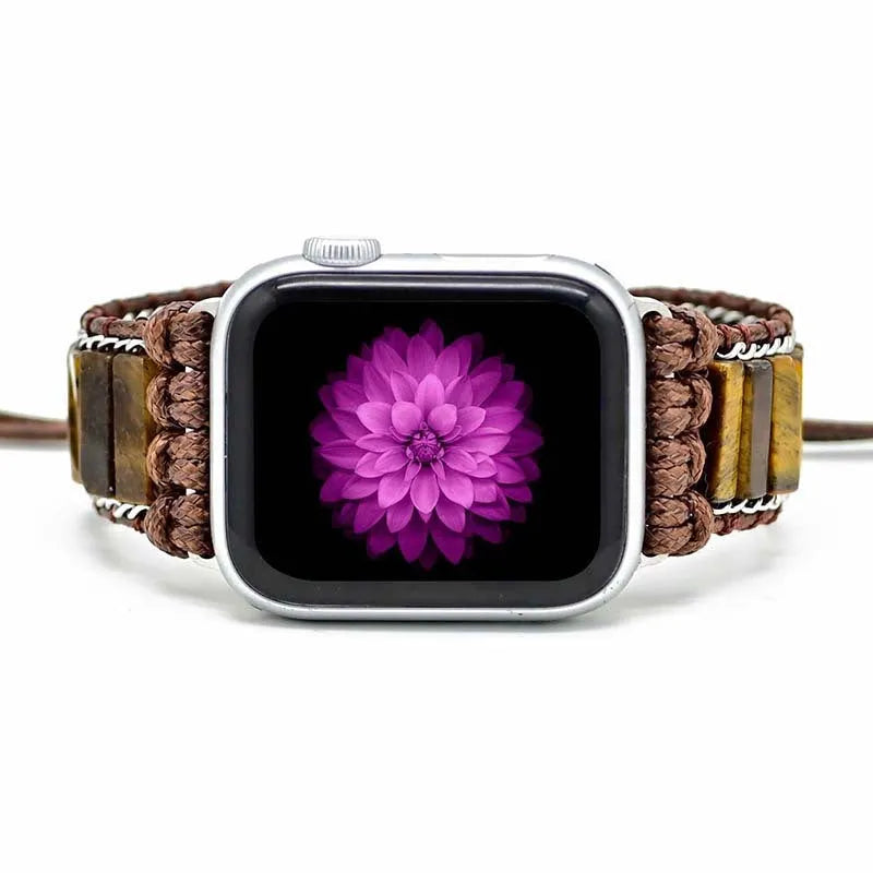 Rectangular tiger eye stone chain on an adjustable textile watch strap bracelet