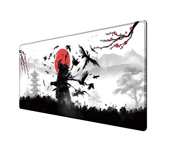 Japanese Samurai design gaming mouse pad on a desk, showing cloth surface and non-slip base.