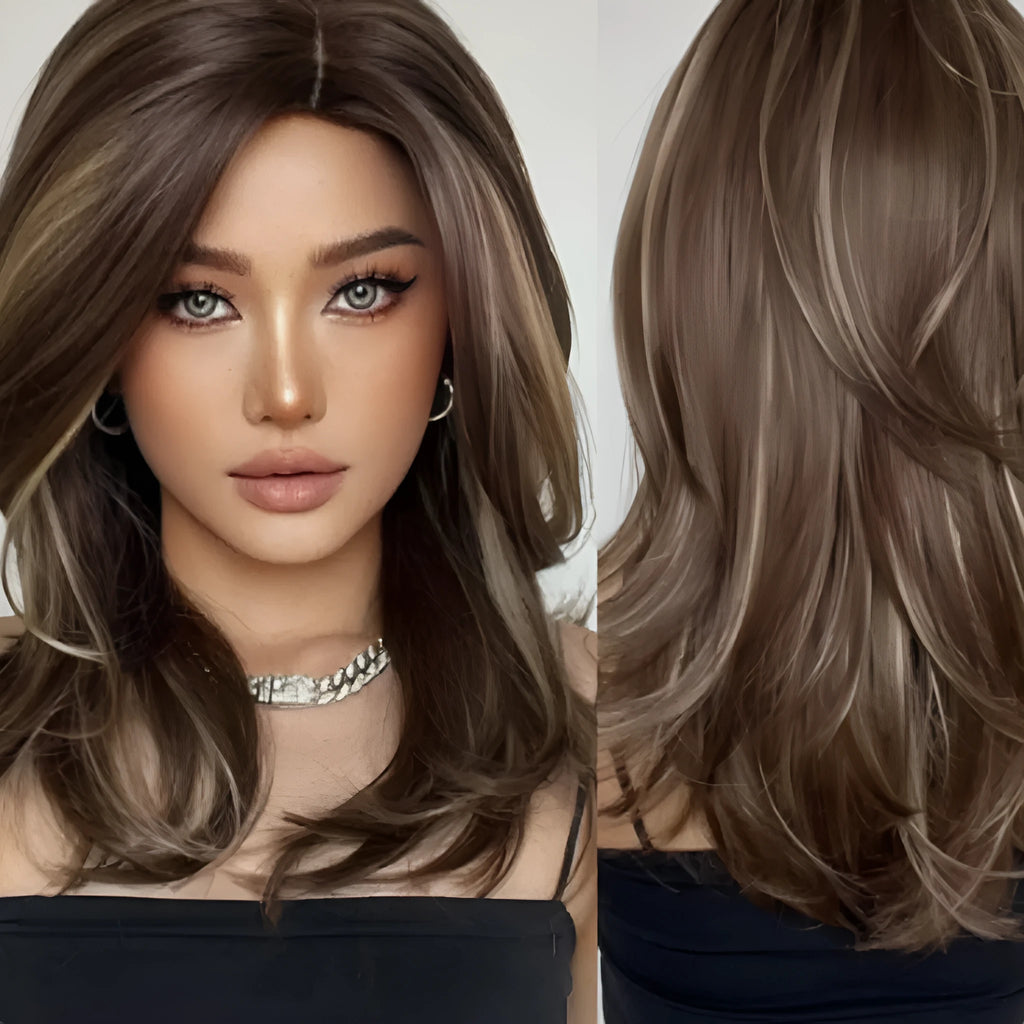 Mid-length synthetic wig with long curly hair, fringe, and platinum gradient colours