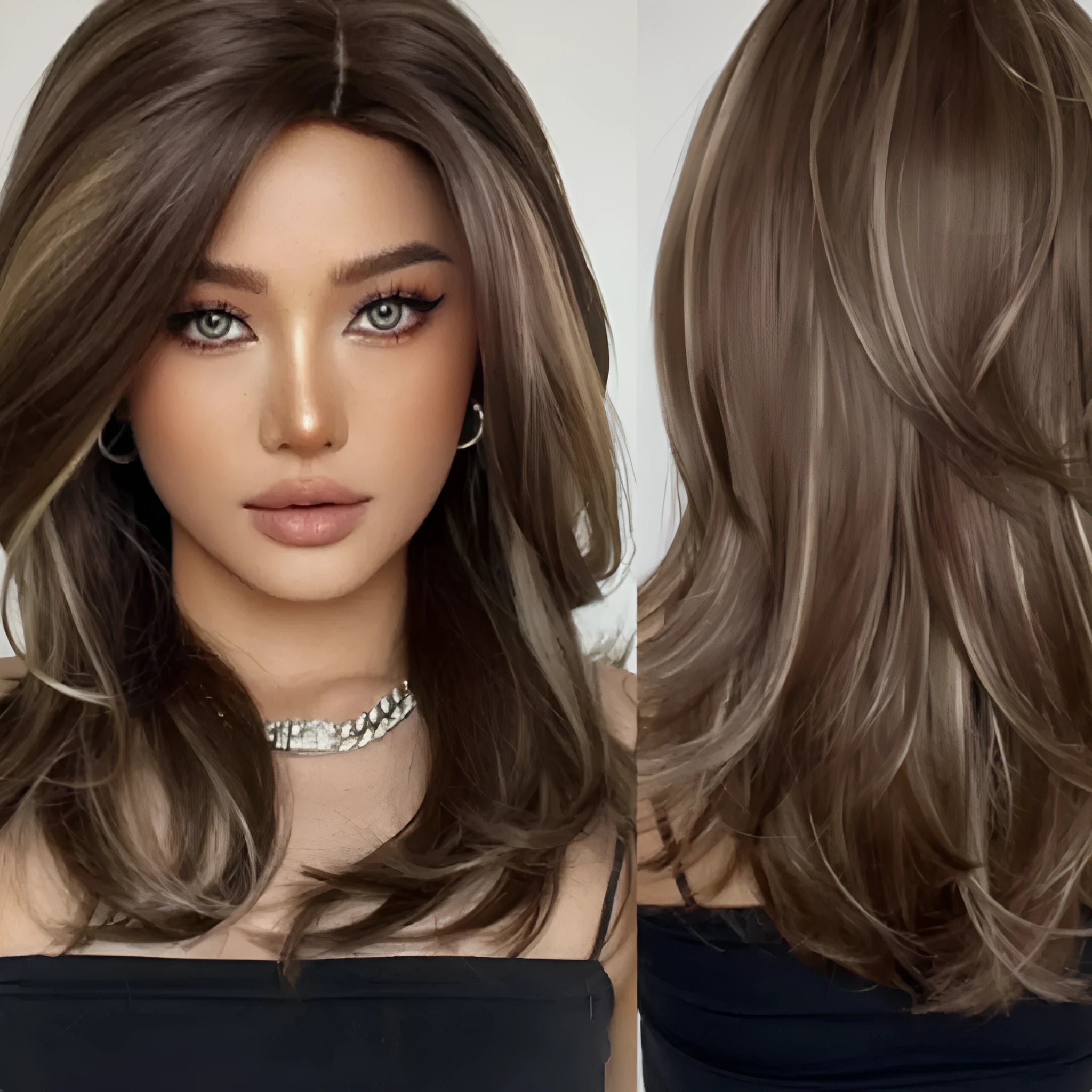 Mid-length synthetic wig with long curly hair, fringe, and platinum gradient colours