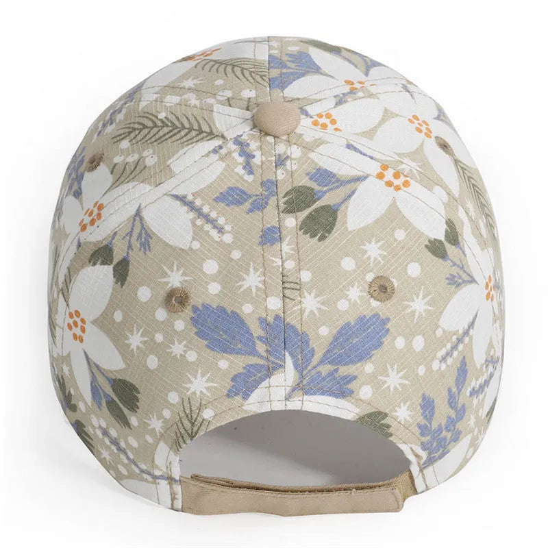 Women's cotton baseball cap with flower print in khaki colour on a white background