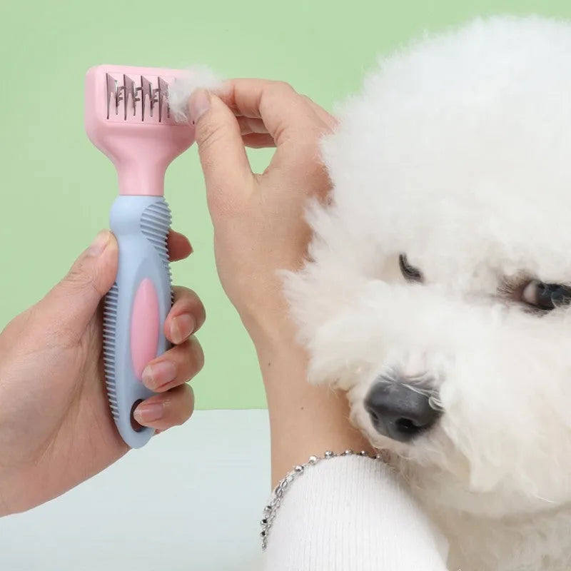 Pink stainless steel pet grooming comb with knot knife edge and four rows of massage pins
