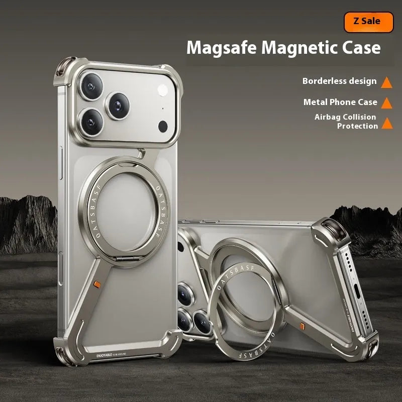 Black metal iPhone 17 Pro Max case with invisible magnetic bracket and electroplating finish