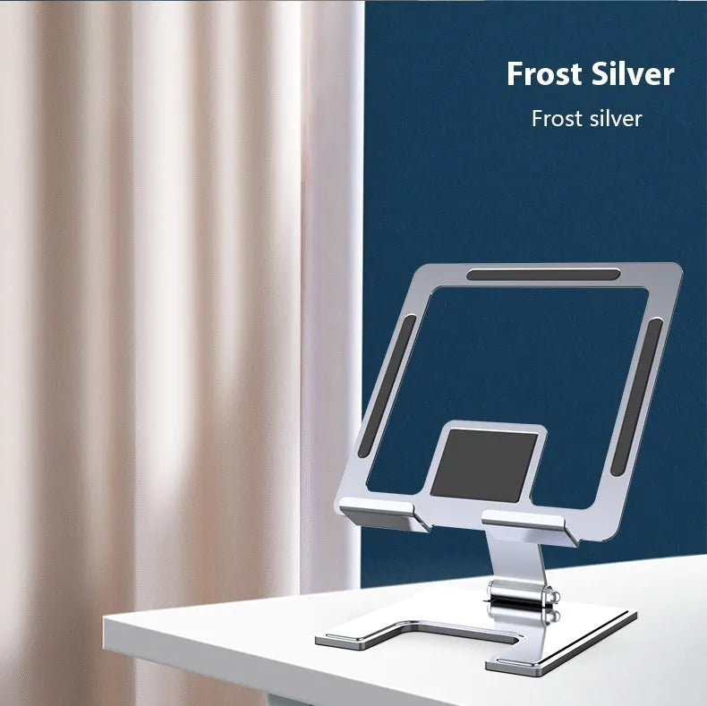 Flat desktop foldable rotating metal bracket for notebook in black alloy finish on desk