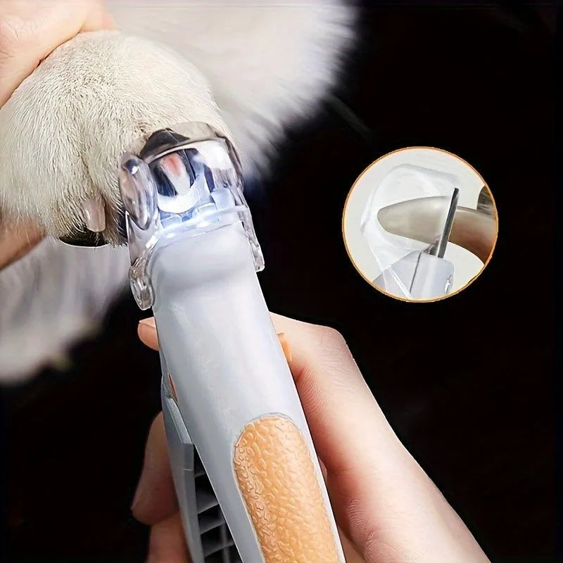 Yellow LED pet nail trimmer with magnifying glass and hardened steel blades for dogs and cats