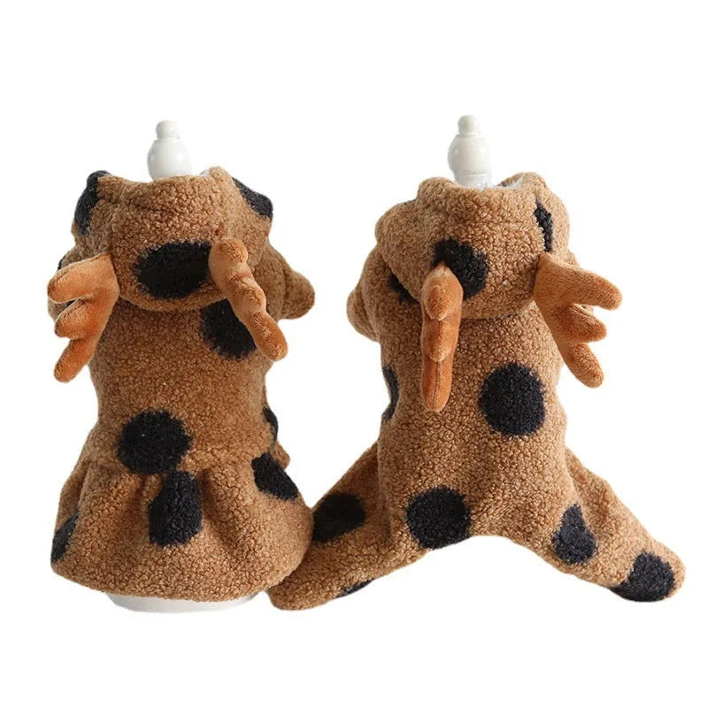 Dog or cat wearing a casual cloth garment with a large polka dot and elk couple print, shown in both four-legged and skirt styles.