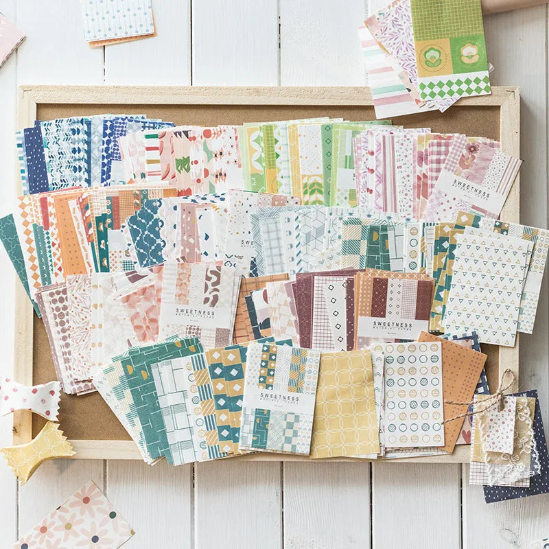 Retro collage note paper set showing dessert-themed colours including Red Plum Cheese and Caramel Puff shades