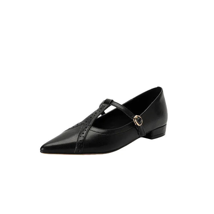 Brown women's pointed low-cut flat shoes with cowhide leather upper and a soft sole.