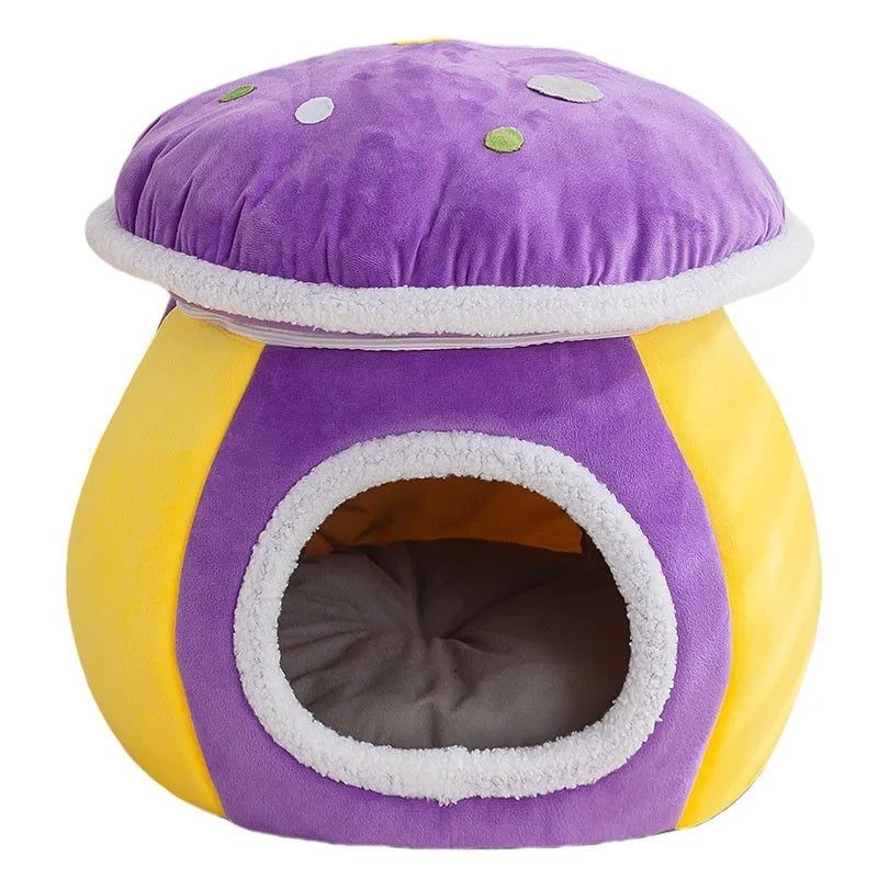 Mushroom-shaped plush cat bed in purple, pink, or grey colours