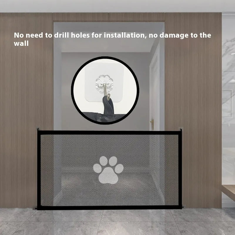 Portable folding dog barrier with pet doorsill showing dog footprint pattern