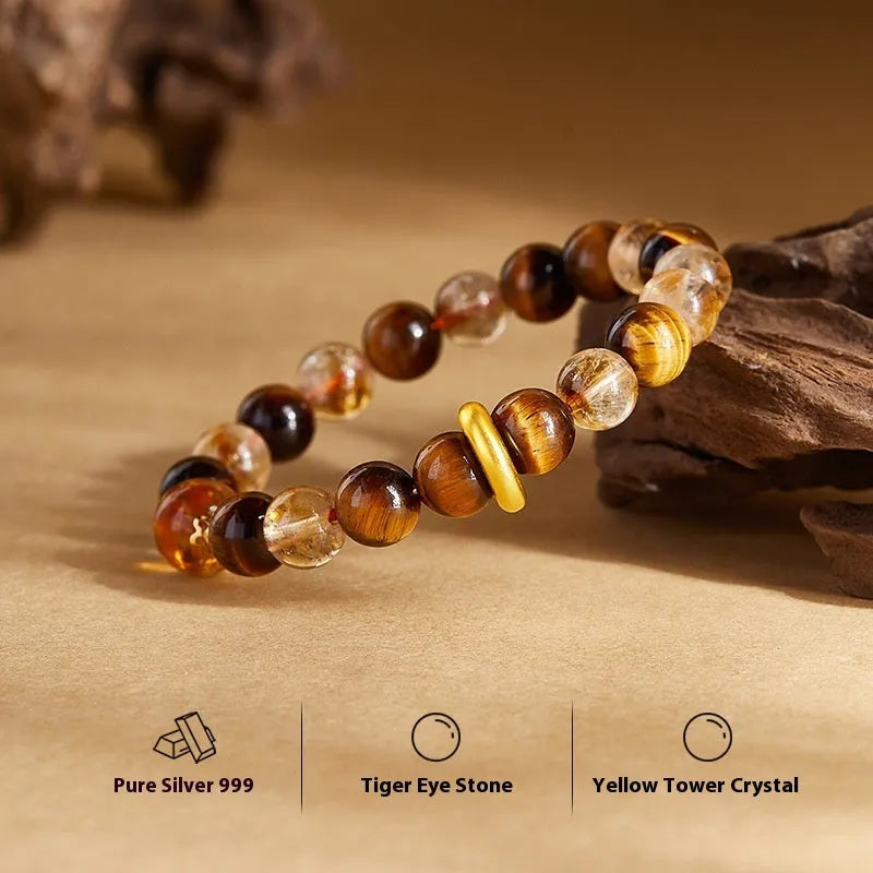 Crystal tigereye beaded bracelet for women, 8mm beads, sterling silver, dome tiger colour, on wrist