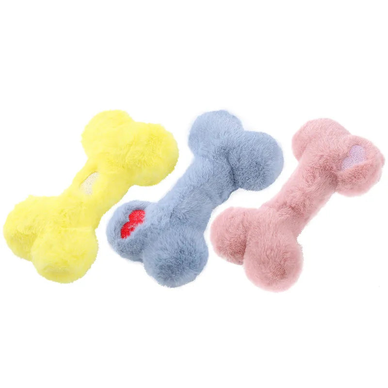 Blue Love Bone plush dog toy with squeaker for interactive chewing play