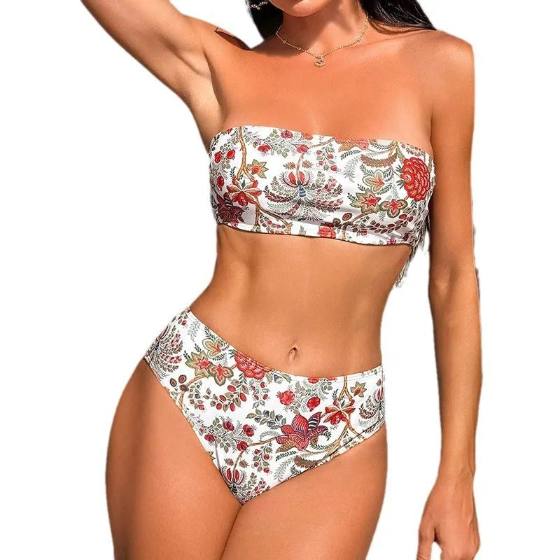 Women's printed bandeau swimsuit with triangle design and matching shorts for swimming