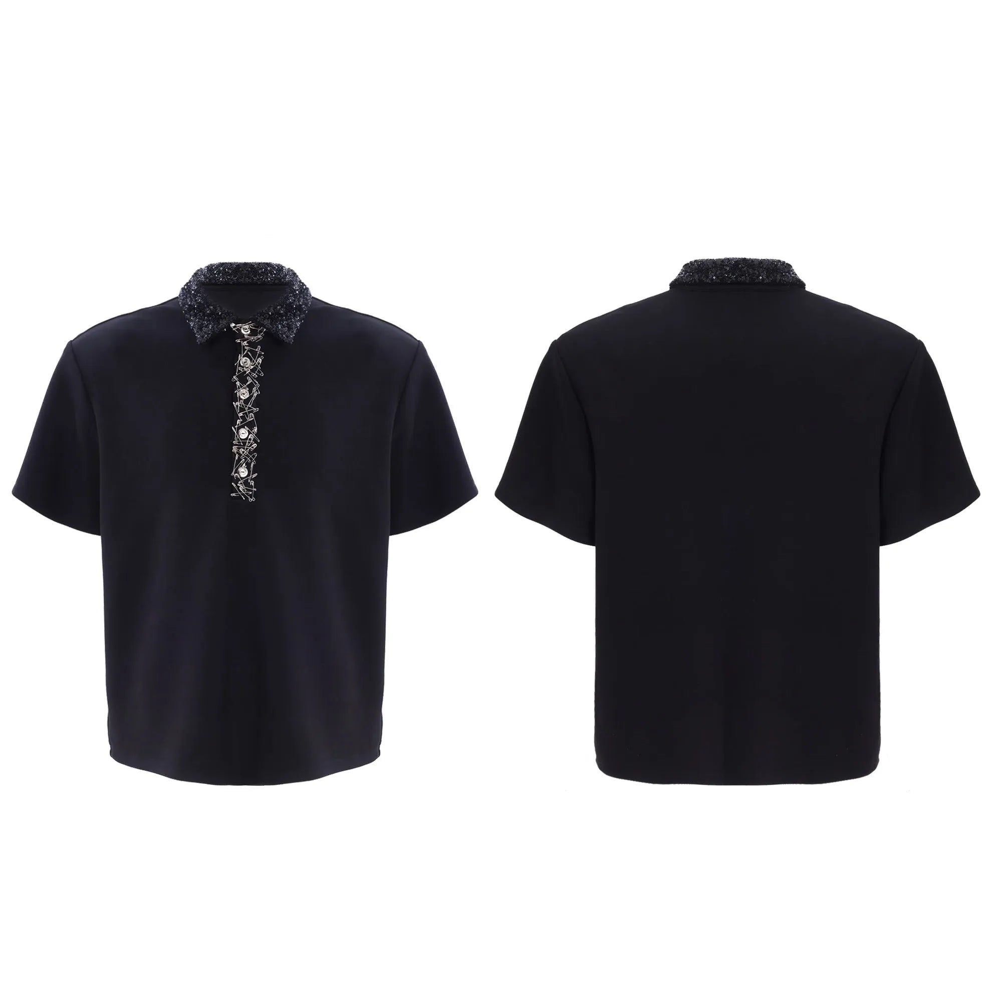 Men's black loose-fit polo t-shirt with square collar, pin, and heavy embroidery sequin detail on the chest.