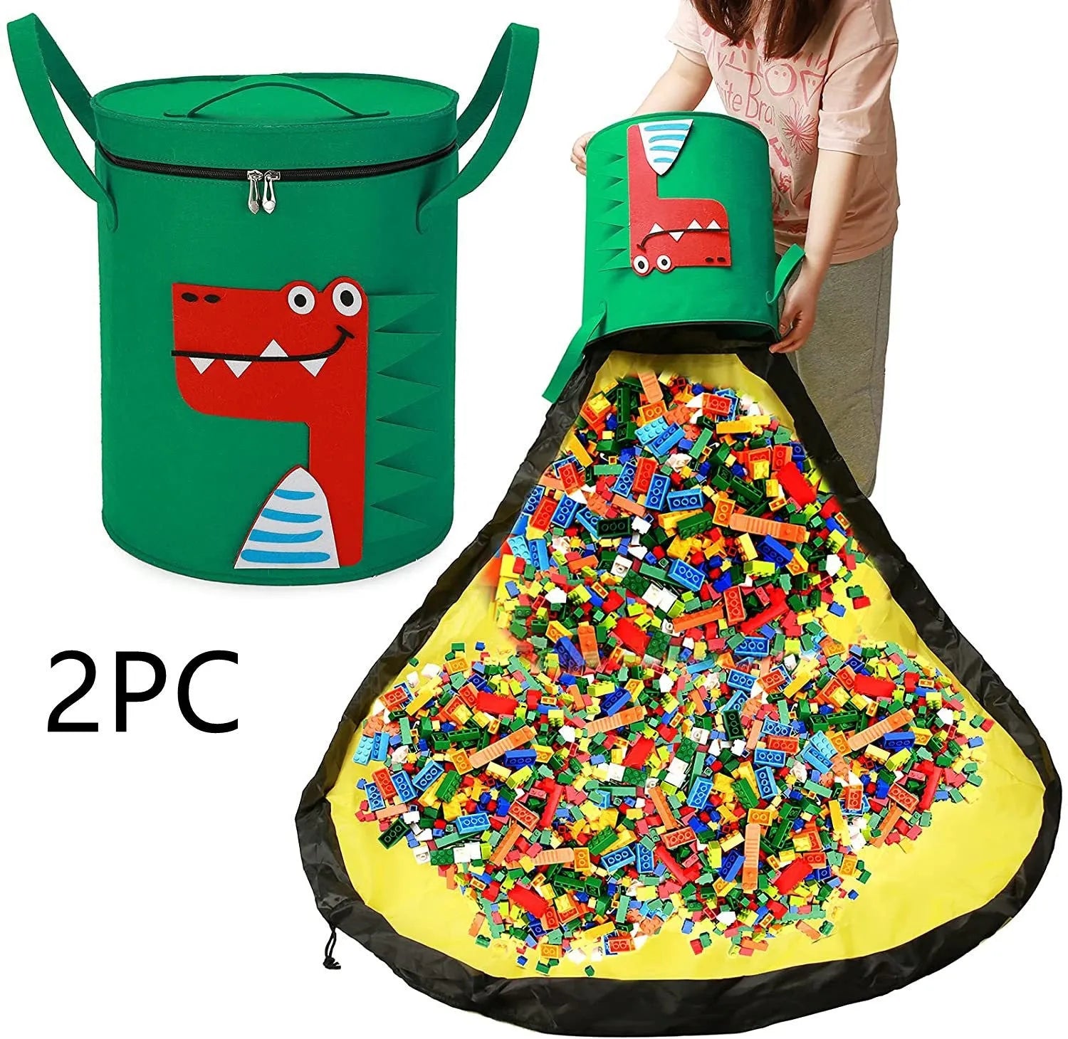Green felt cube storage bag with pull rope shown as both a toy play mat and closed storage container