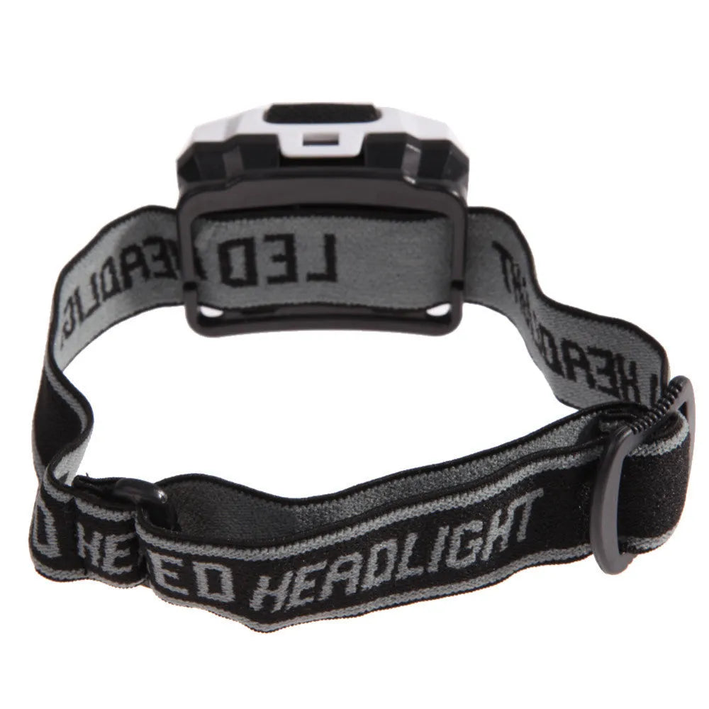 A black waterproof head torch with a central white LED and two smaller red LEDs, mounted on an adjustable headband.