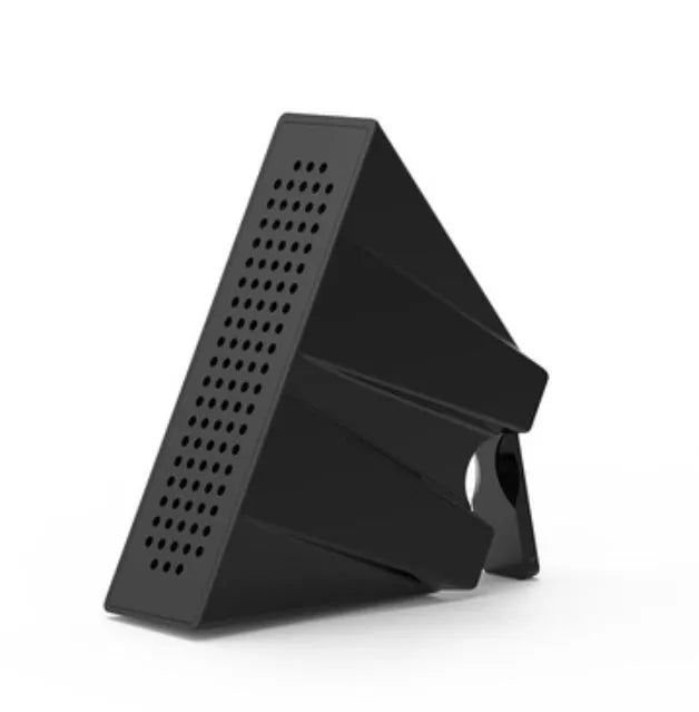 A portable black ABS plastic mobile phone amplifier bracket holding an iPhone.