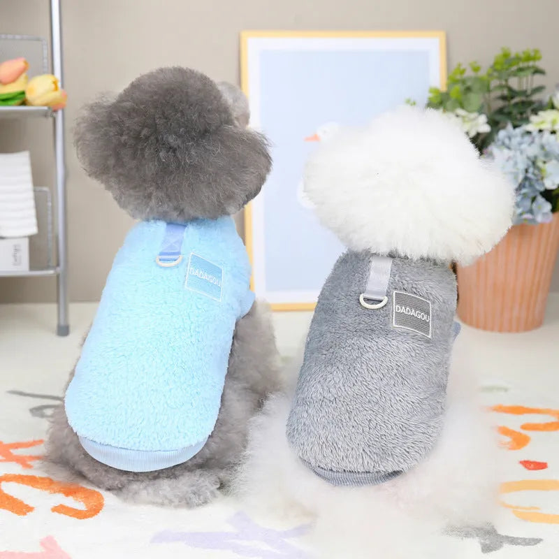 Coral fleece dog jacket with multi-colour pull ring fastening in blue colour option