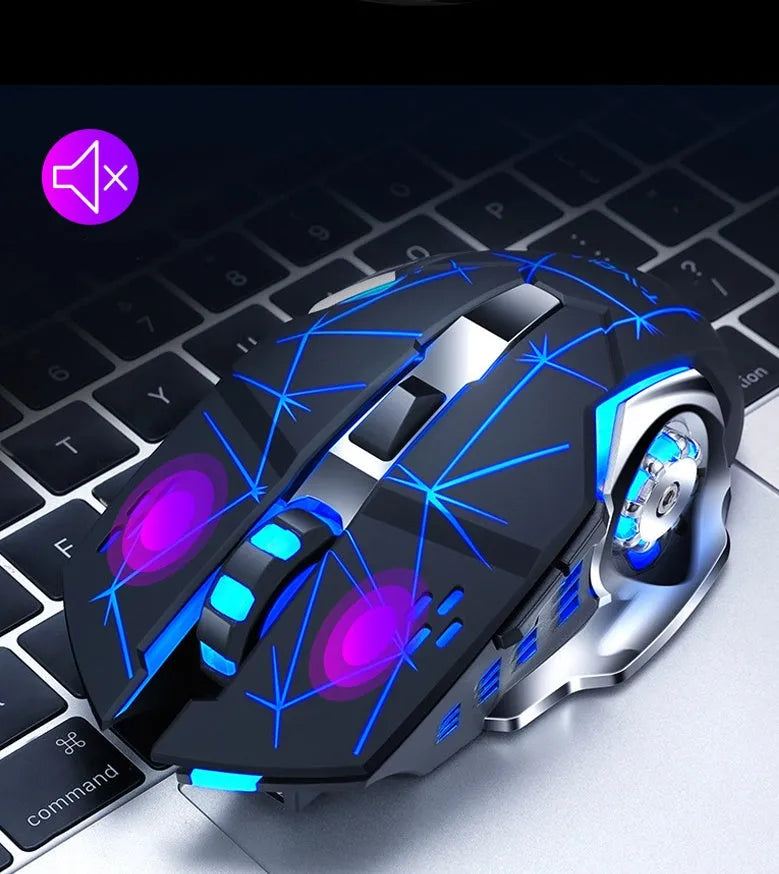Black and white wireless silent mouse with six buttons and USB receiver