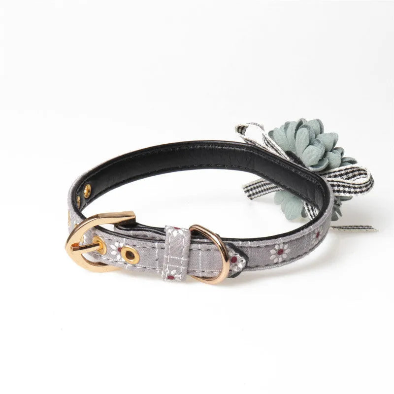PU pet collar with cute floral pattern in pink, adjustable buckle, size options for small to large dogs and cats