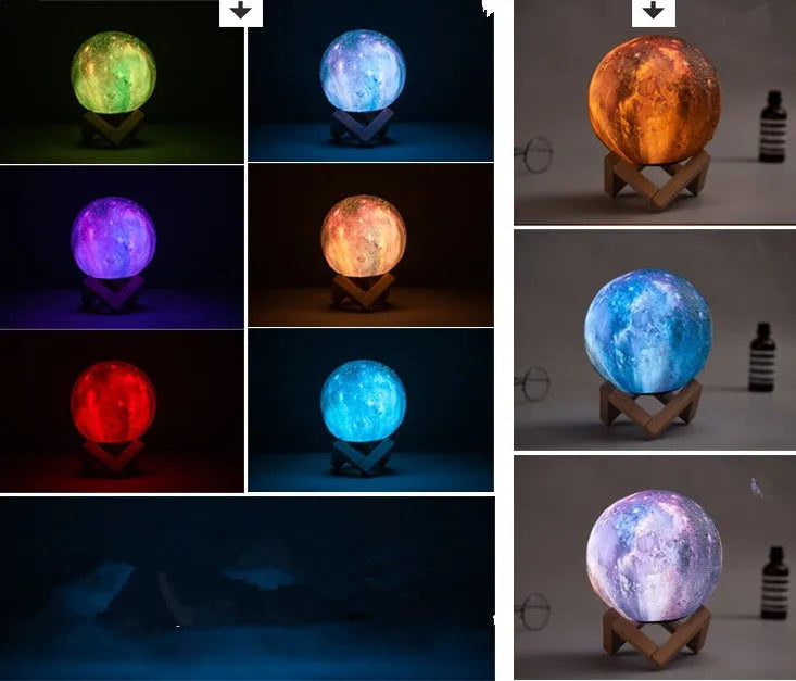 3D-printed spherical lunar night light with colour-changing LED illumination on a dark surface.