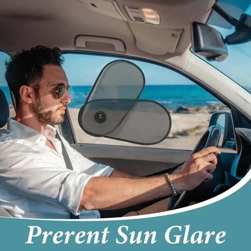 Black breathable mesh car side window shade stretched over glass with visible suction cups.