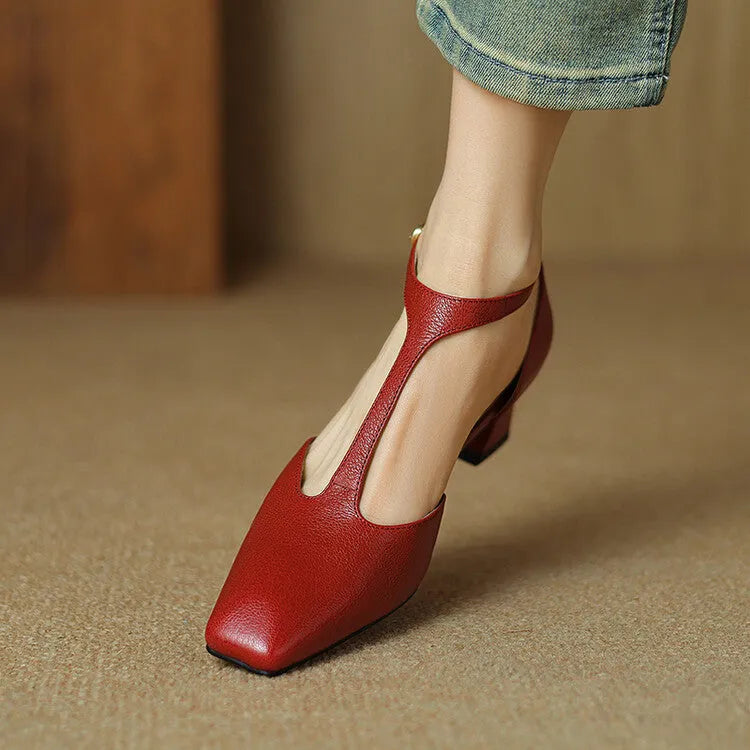 Wine red women's square toe chunky heel shoes made from sheepskin leather with a buckle strap.
