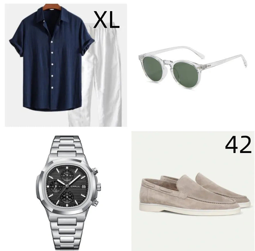 Cotton linen casual beachwear short sleeve suit with trousers and accessory set