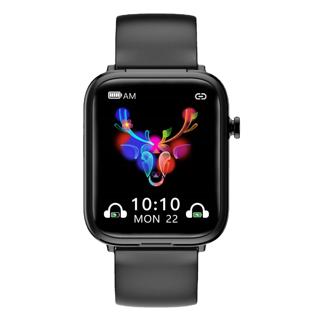 Black zinc alloy smartwatch with 1.69-inch touch screen showing heart rate data, next to its magnetic charging case.