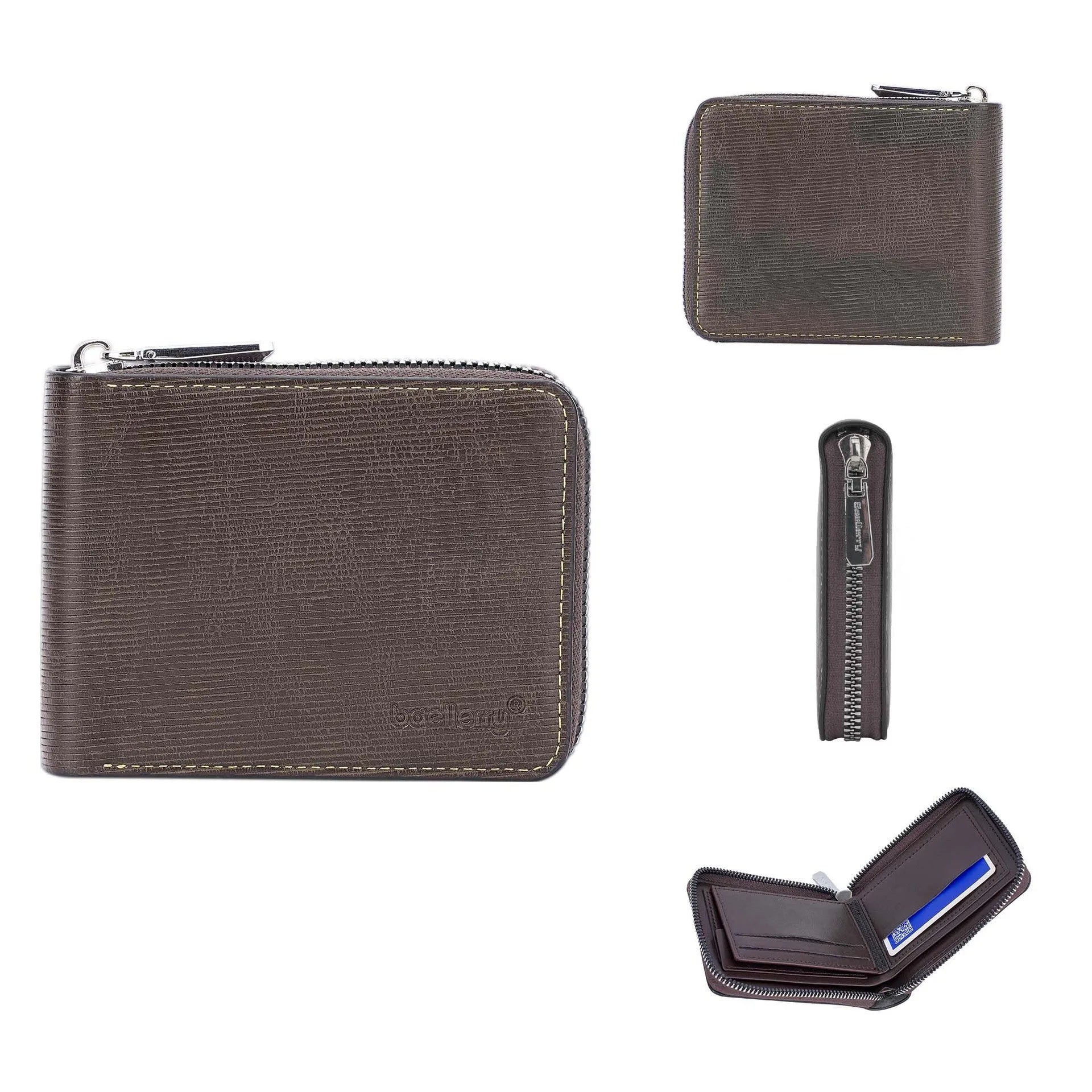 Black PU leather anti-theft zipper wallet with embossed design and closed zipper.