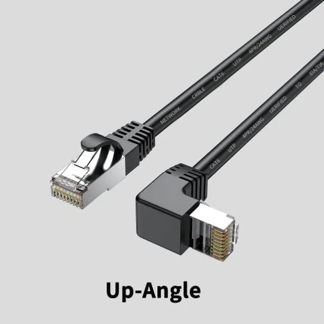 Cat6 Ethernet cable with right-angled metal RJ45 connectors in various colours including black, white, orange, and yellow.