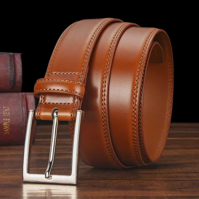 Men's black leather belt with silver pin buckle fastener showing length measurement