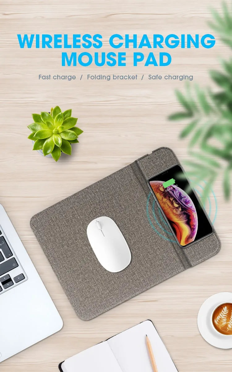 A grey foldable cloth phone holder open as a stand, with a smartphone charging on it.