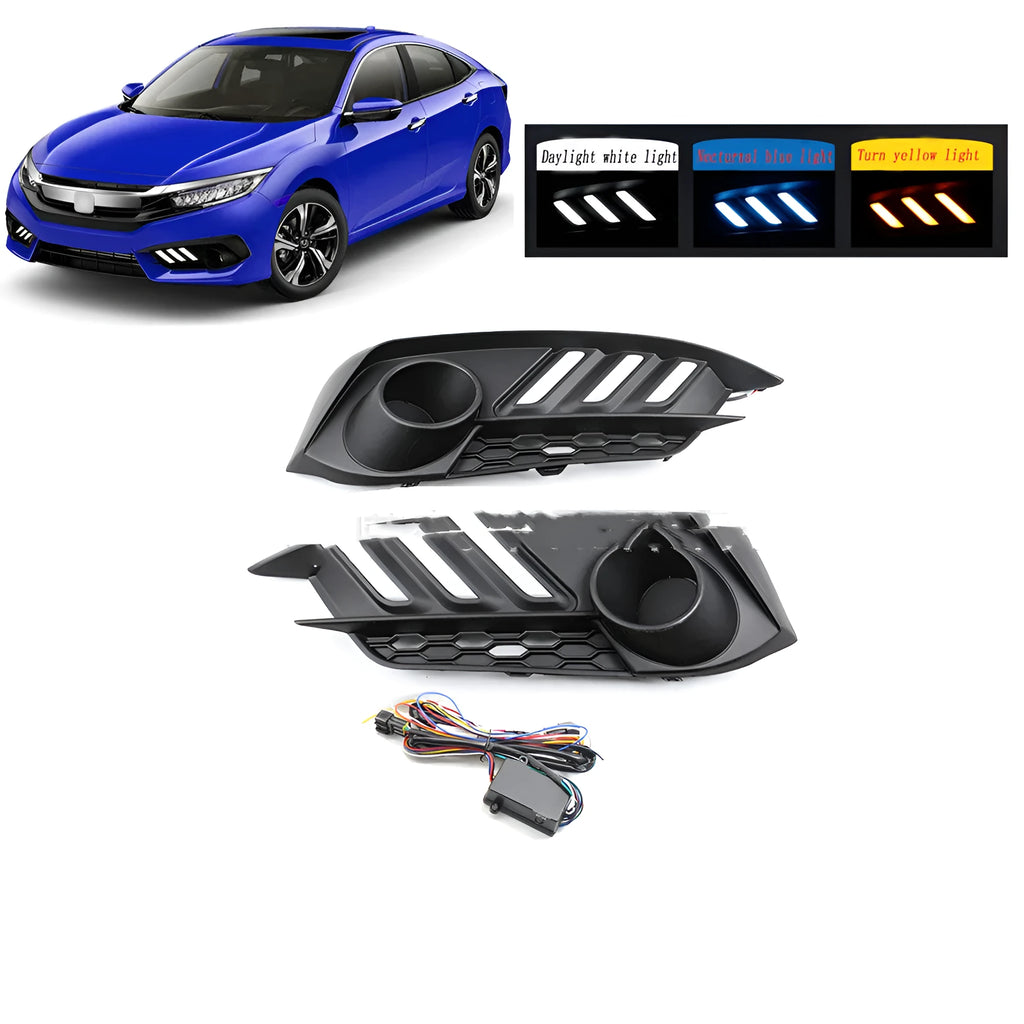 Mustang Civic LED daytime running lights with black housing emitting white blue yellow light