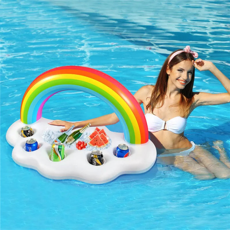 Rainbow cloud shaped inflatable pool float cooler with four cup holders floating on water